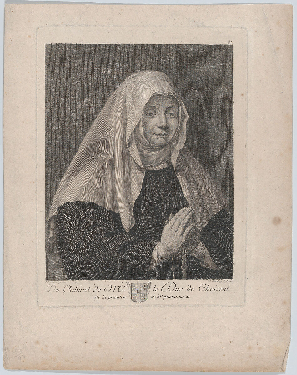 Portrait of a praying nun, Carl Guttenberg (German, Wöhrd bei Nürnberg 1743–1790 Paris), Engraving 