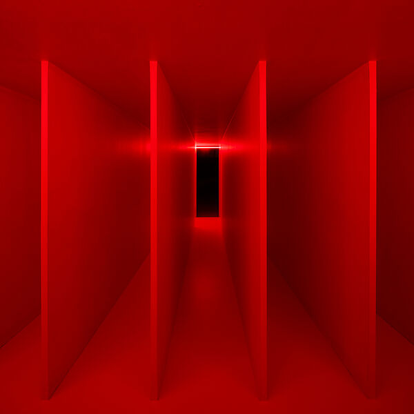 Spatial Environment in Red Light (Ambiente Spaziale a Luce Rossa), Lucio Fontana (Italian, 1899–1968), Painted wood, glass tubes, neon, and mixed media 