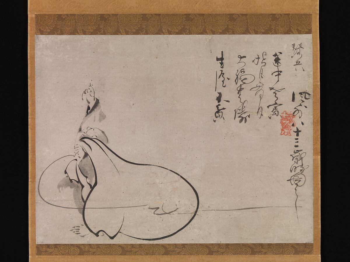 Hotei Pointing at the Moon, Fūgai Ekun (Japanese, 1568–1654), Hanging scroll; ink on paper, Japan 