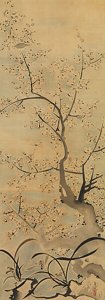 Warbler in a Plum Tree, Ike (Tokuyama) Gyokuran (Japanese, 1728–1784), Hanging scroll; ink and color on paper, Japan 