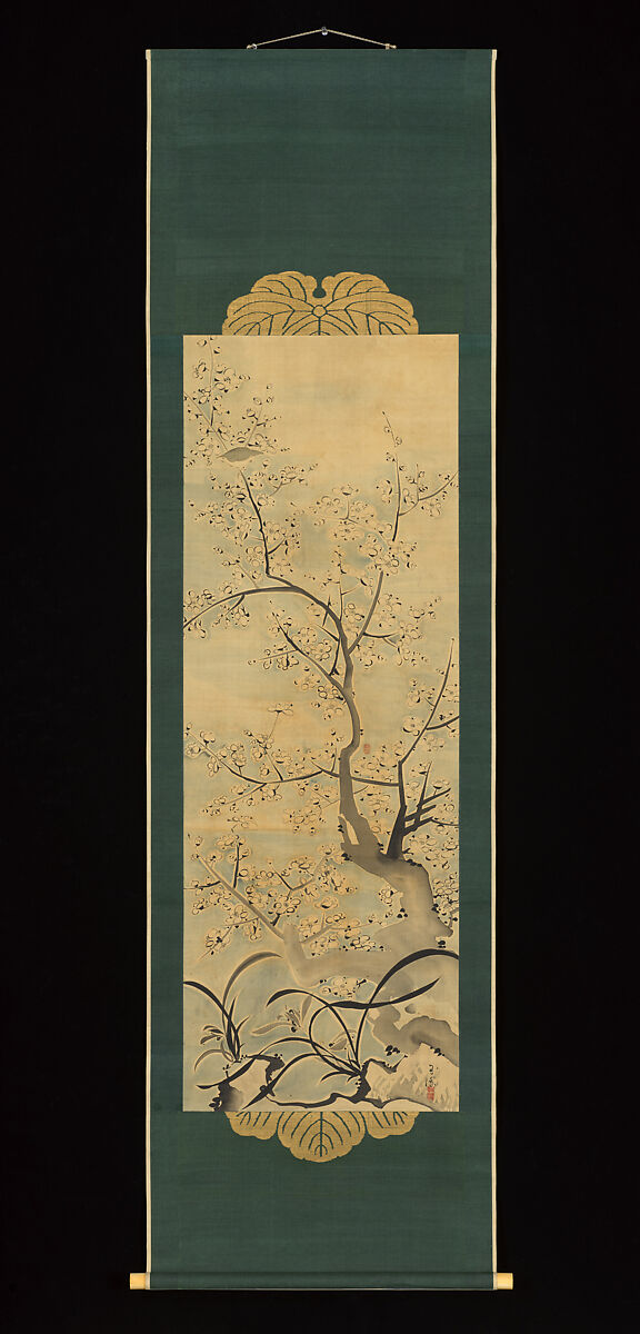 Warbler in a Plum Tree, Ike (Tokuyama) Gyokuran (Japanese, 1728–1784), Hanging scroll; ink and color on silk, Japan