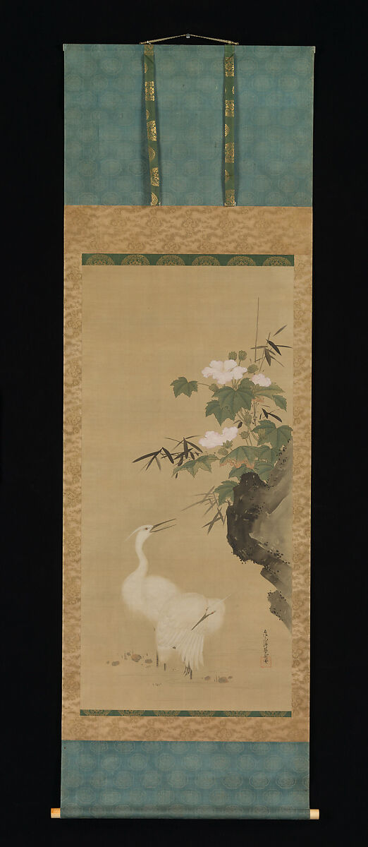Egrets and Cotton Roses, Tosa Mitsuoki (Japanese, 1617–1691), Hanging scroll; ink and color on silk, Japan