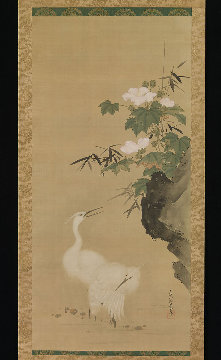 Egrets and Cotton Roses, Tosa Mitsuoki (Japanese, 1617–1691), Hanging scroll; ink and color on silk, Japan 
