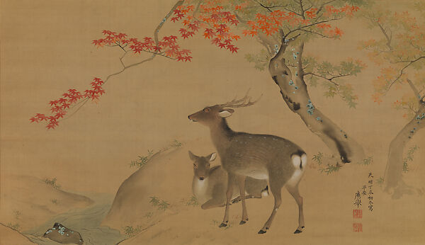 Two Deer beneath Maple Trees, Maruyama Ōkyo 円山応挙 (Japanese, 1733–1795), Hanging scroll; color on silk, Japan 