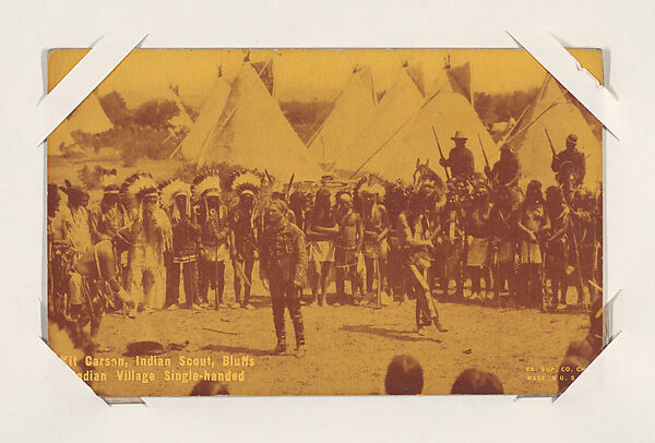 Kit Carson, Indian Scout, Bluffs Indian Village, Single-handed from Western Stars or Scenes Exhibit Cards series (W412), Exhibit Supply Company, Commercial color photolithograph 