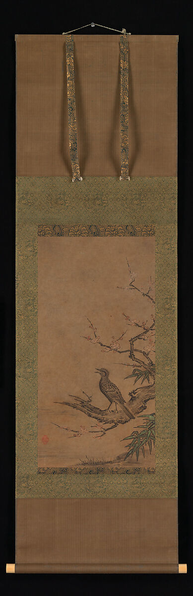 Brown-Eared Bulbul (Hiyodori) on a Branch of Plum, Kano Shōei (Japanese, 1519–1592), Hanging scroll; ink and color on paper, Japan