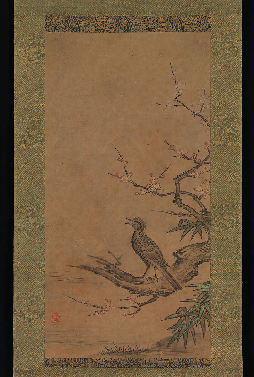 Brown-Eared Bulbul (Hiyodori) on a Branch of Plum, Kano Shōei  Japanese, Hanging scroll; ink and color on paper, Japan