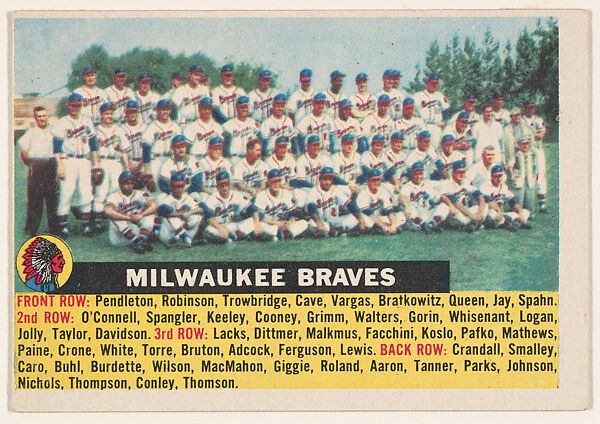 Milwaukee Braves, from the "1956 Topps Regular Issue" series (R414-11), issued by Topps Chewing Gum Company, Issued by Topps Chewing Gum Company (American, Brooklyn), Commercial color lithograph 