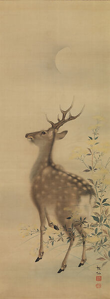 Stag amid Autumn Flowers, Mori Sosen (Japanese, 1747–1821), Hanging scroll; ink and color on silk, Japan 