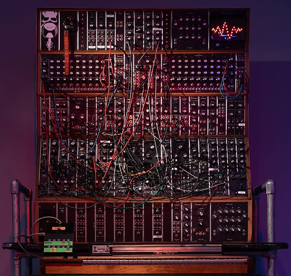 Customized Moog Modular Synthesizer with keyboard, ribbon controllers, and stand, R. A. Moog Co. (Trumansburg, New York, USA, founded 1953), Wood, metal, plastic 