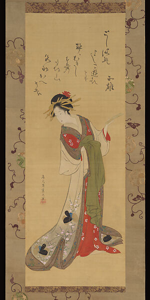Courtesan Holding a Poetry Slip, Chōbunsai Eishi (Japanese, 1756–1829), Hanging scroll; ink, color, and gold on silk, Japan 