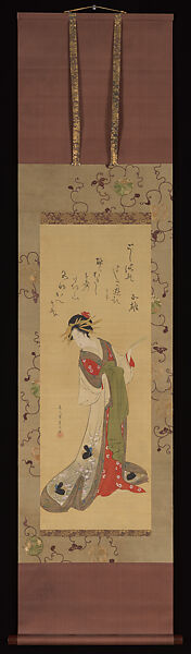 Courtesan Holding a Poetry Slip, Chōbunsai Eishi (Japanese, 1756–1829), Hanging scroll; ink, color, and gold on silk, Japan