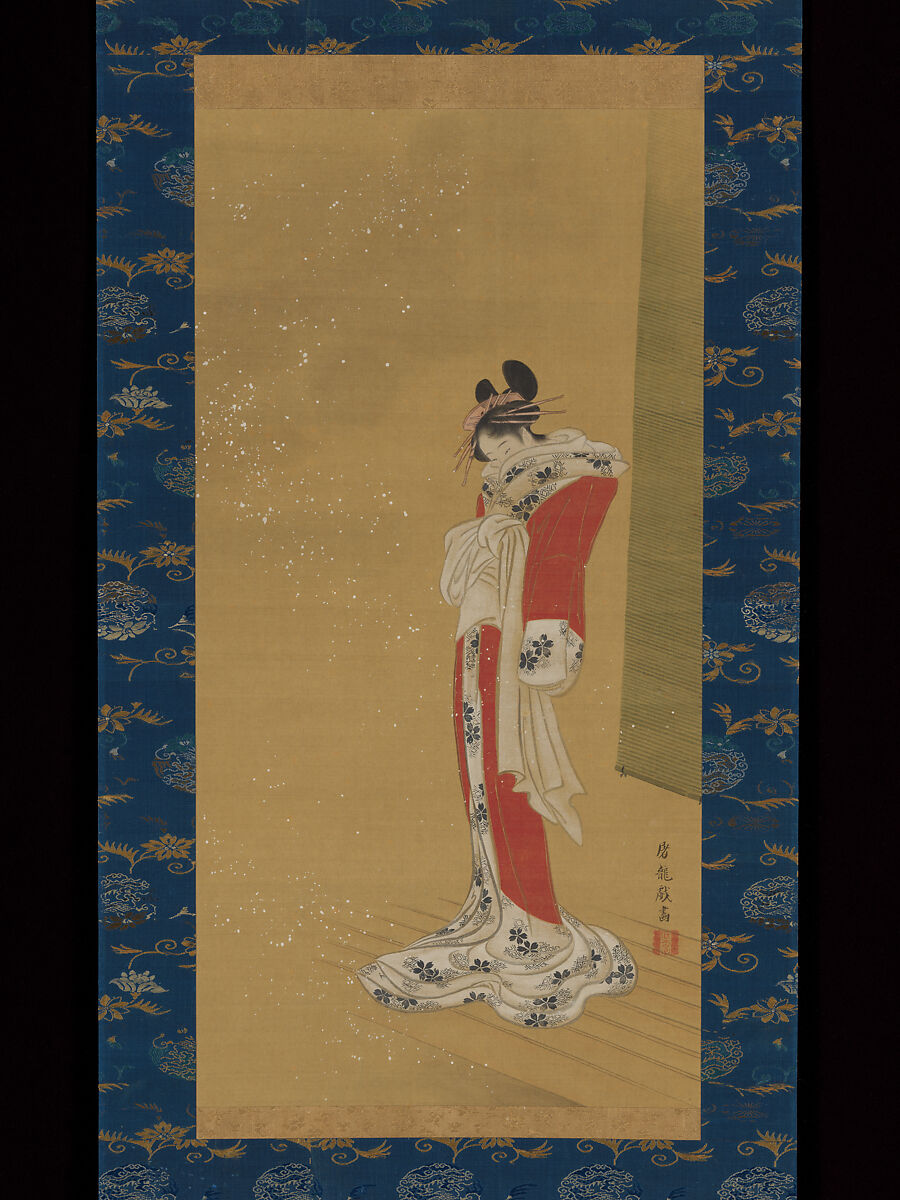 Beauty on a Veranda in Snow, Sakai Hōitsu 酒井抱一 (Japanese, 1761–1828), Hanging scroll; ink and color on silk, Japan 