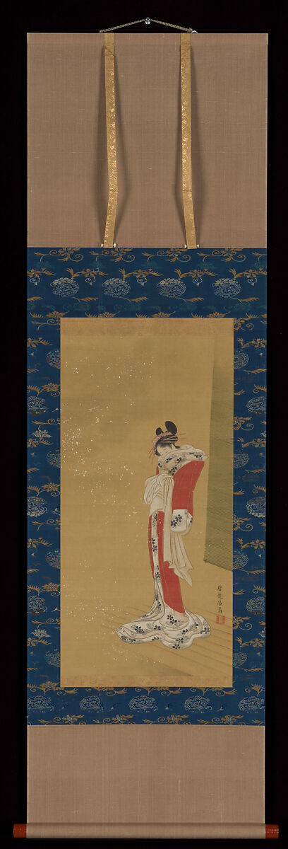 Beauty on a Veranda in Snow, Sakai Hōitsu 酒井抱一 (Japanese, 1761–1828), Hanging scroll; ink and color on silk, Japan