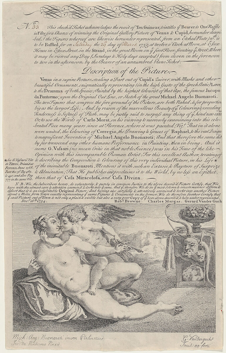 Raffle Ticket for the Painting of Venus and Cupid after Michelangelo, Gerard Vandergucht (British, London 1696–1776 London), Etching, additions in the text in pen and ink 