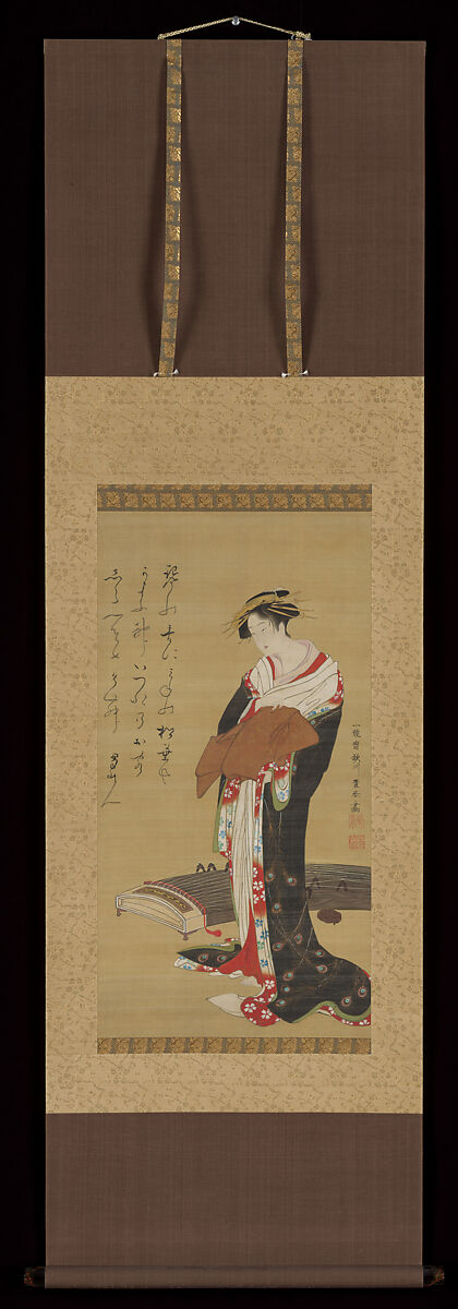 Female Entertainer with a Koto, Painting by Utagawa Toyoharu (Japanese, 1735–1814), Hanging scroll; ink and color on silk, Japan