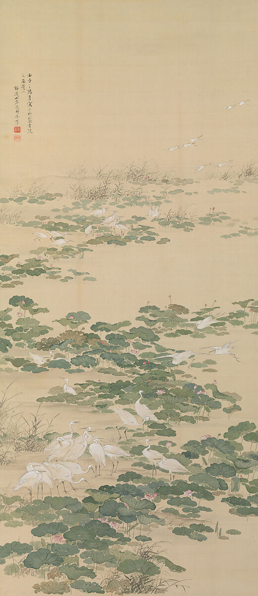 Egrets in a Lotus Pond, Yamamoto Baiitsu (Japanese, 1783–1856), Hanging scroll; ink and color on silk, Japan 