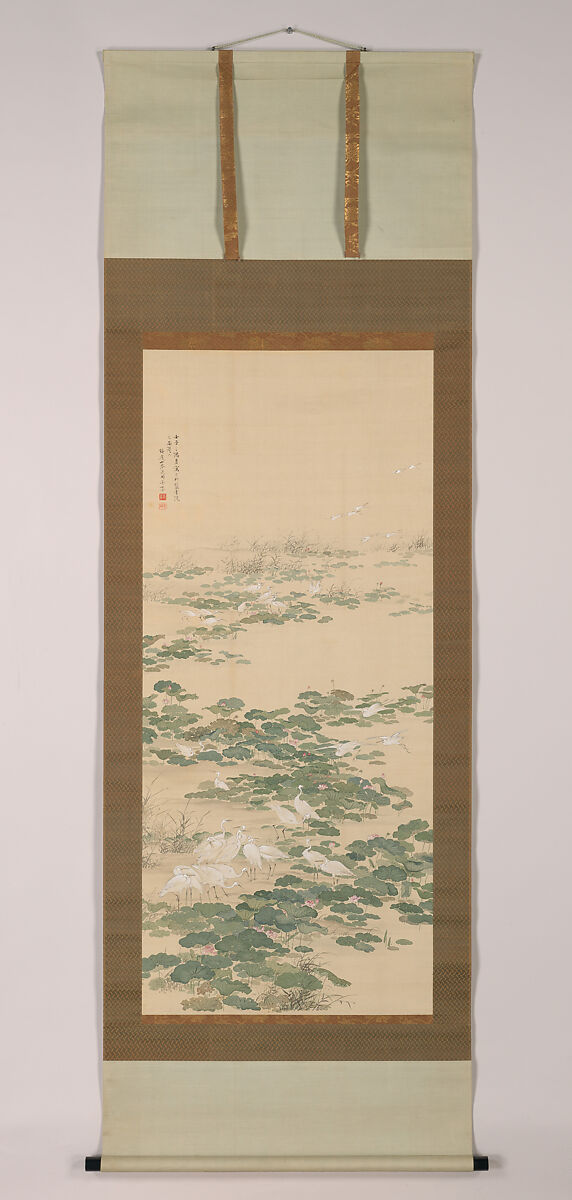 Egrets in a Lotus Pond, Yamamoto Baiitsu (Japanese, 1783–1856), Hanging scroll; ink and color on silk, Japan