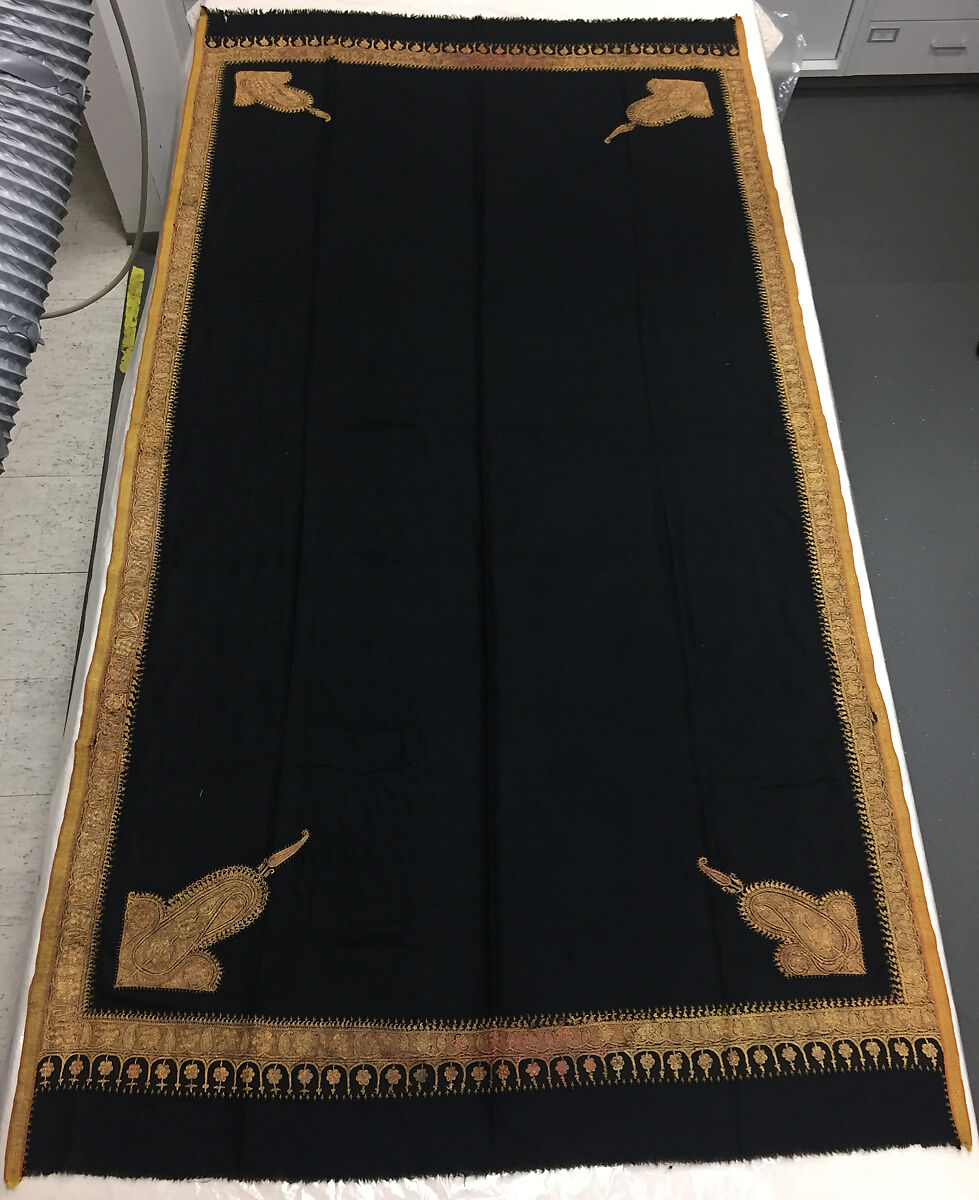 Shawl, Wool, metal wrapped thread; embroidered on surface 