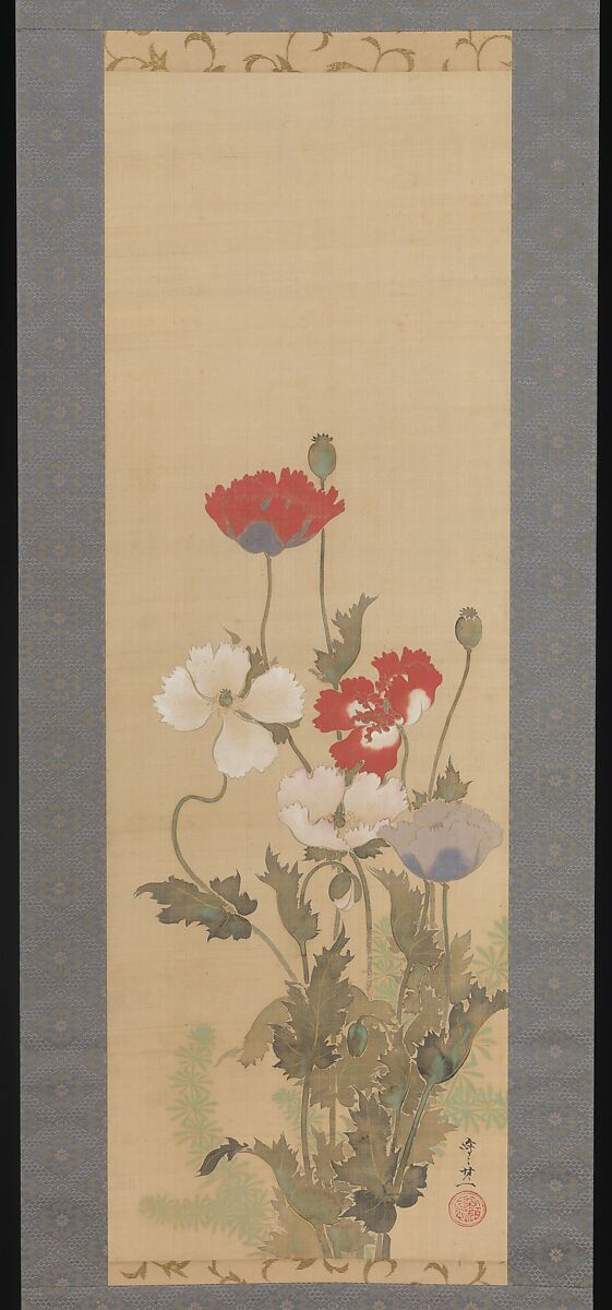 Poppies, Suzuki Kiitsu (Japanese, 1796–1858), Hanging scroll; ink and color on silk, Japan 