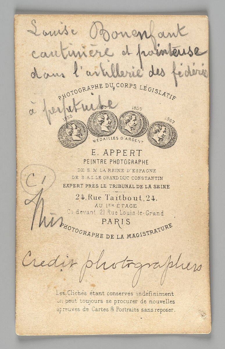 [Member of the Paris Commune: Louise Bonenfant, cantinière et pointeuse dans l’artillerie des fédérés, à perpétuité], Ernest Eugène Appert (French, 1831–1891), Albumen silver print