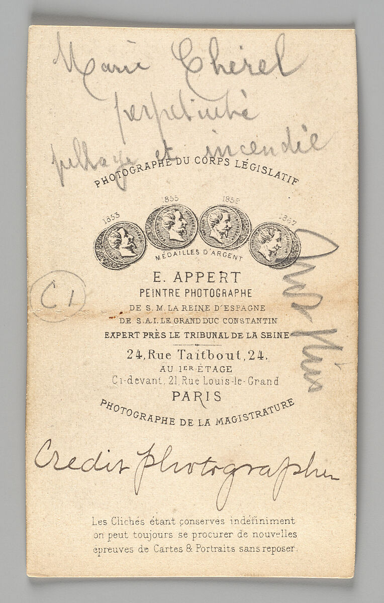 [Member of the Paris Commune: Marie Chérel, perpétuité, pillage et incendie], Ernest Eugène Appert (French, 1831–1891), Albumen silver print