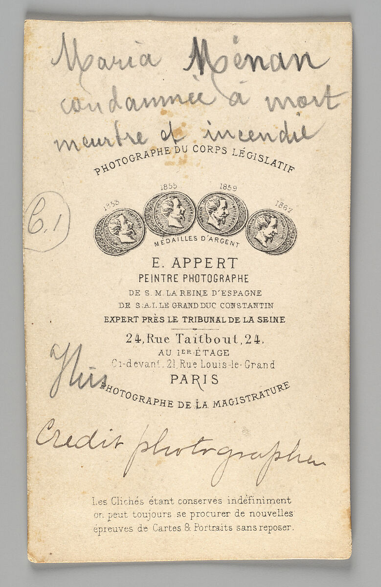 [Member of the Paris Commune: Maria Menan, condamnée à mort, meurtre et incendie], Ernest Eugène Appert (French, 1831–1891), Albumen silver print