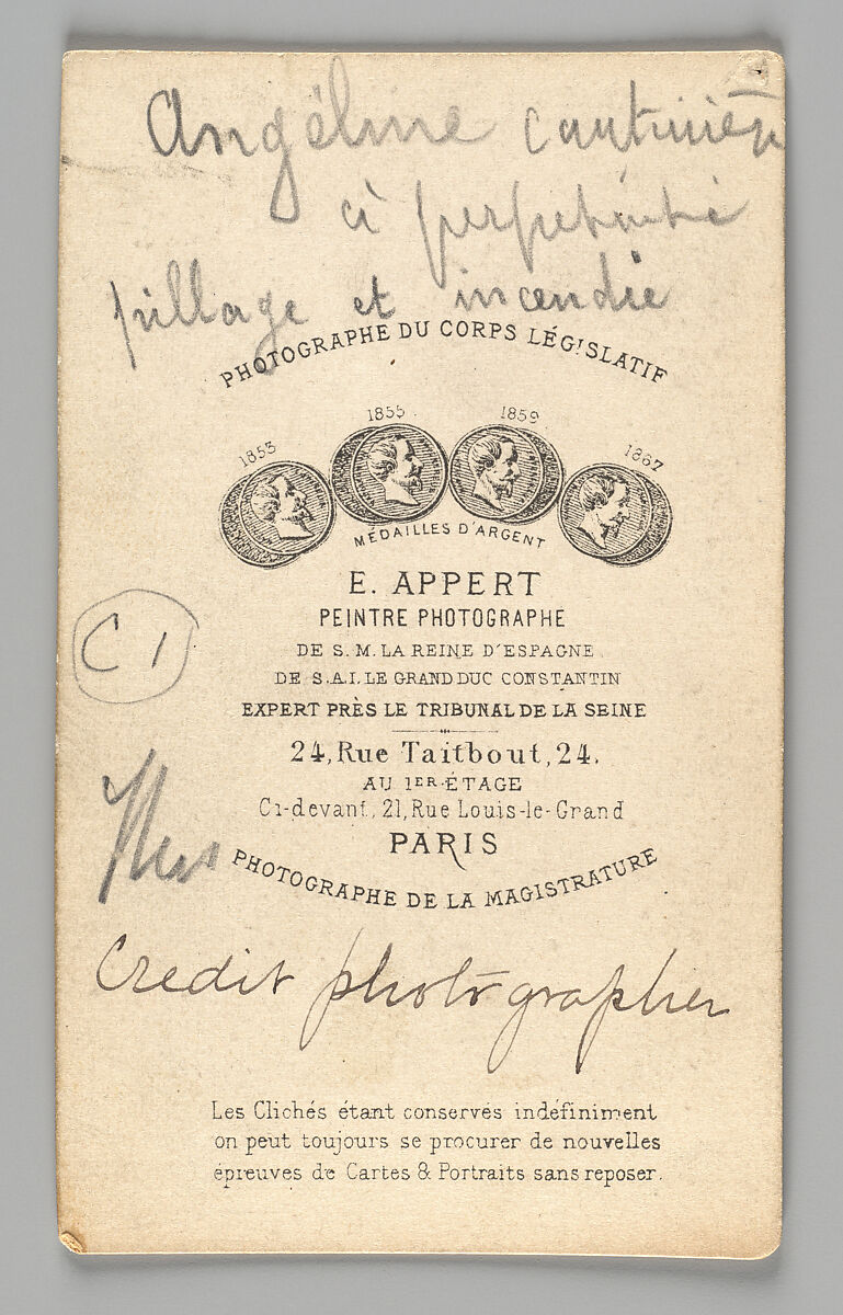 [Member of the Paris Commune: Angeline [Angelina Courcelles], cantinière, à perpétuité, pillage et incendie], Ernest Eugène Appert (French, 1831–1891), Albumen silver print