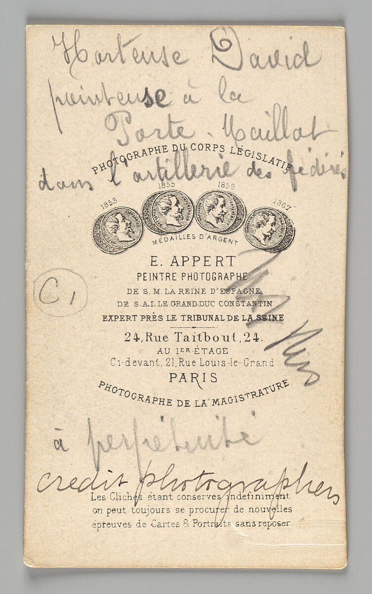 [Member of the Paris Commune: Hortense David, pointeuse à la Porte Maillot dans l’artillerie des fédérés, à perpétuité], Ernest Eugène Appert (French, 1831–1891), Albumen silver print