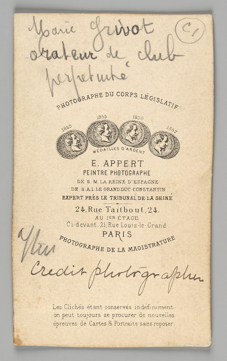 [Member of the Paris Commune: Marie Grivot, orateur de club, perpétuité], Ernest Eugène Appert (French, 1831–1891), Albumen silver print