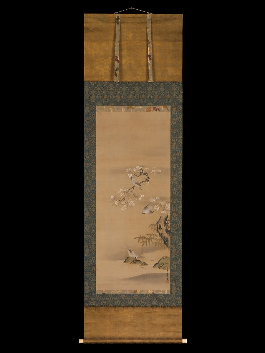 Waxwings, Cherry Blossoms, and Bamboo, Kiyohara Yukinobu (Japanese, 1643–1682), Hanging scroll; ink and color on silk, Japan