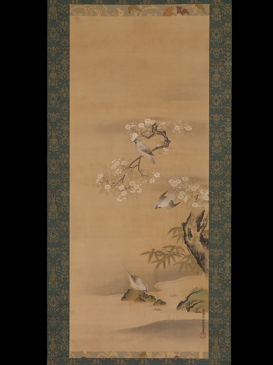 Waxwings, Cherry Blossoms, and Bamboo, Kiyohara Yukinobu (Japanese, 1643–1682), Hanging scroll; ink and color on silk, Japan 