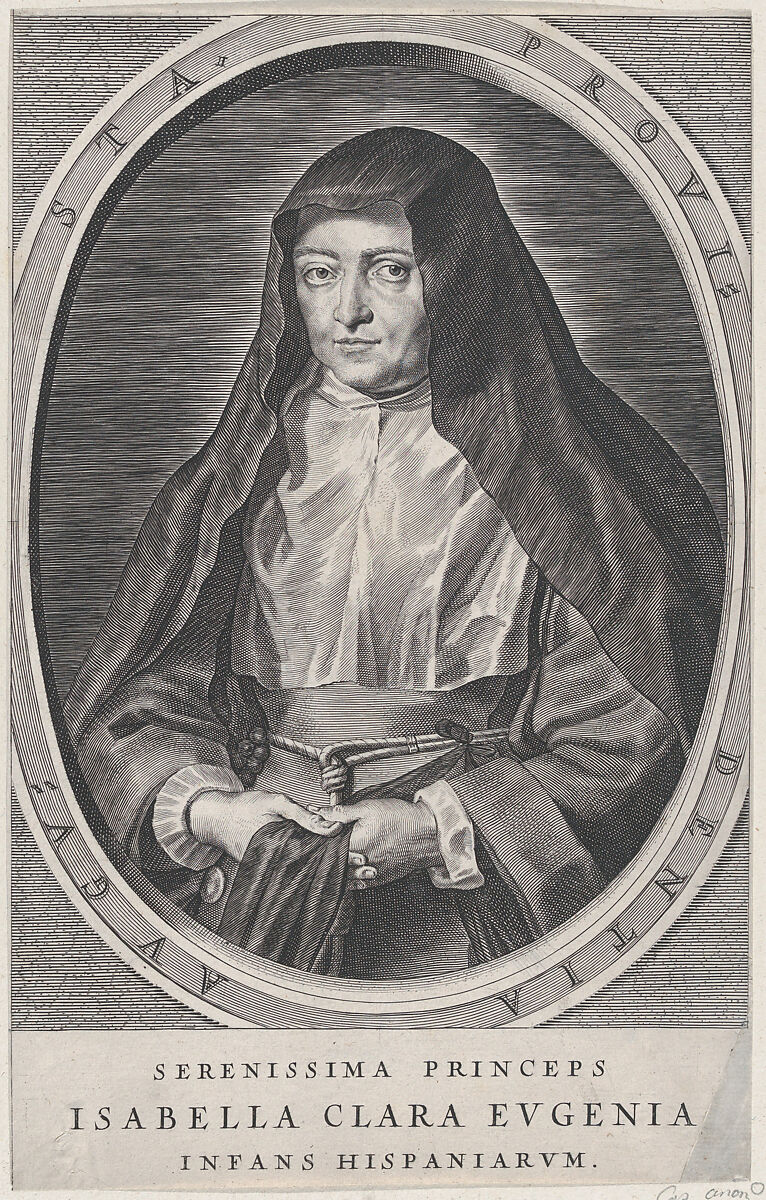 Portrait of Archduchess Isabella Clara Eugenia, Spanish Regent of the Low Countries, as a Nun, Anonymous, Engraving 