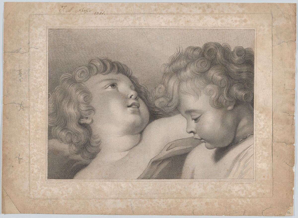 Two heads of cherubs, Thomas Cheesman (British, 1760–after 1834 London), Stipple engraving 