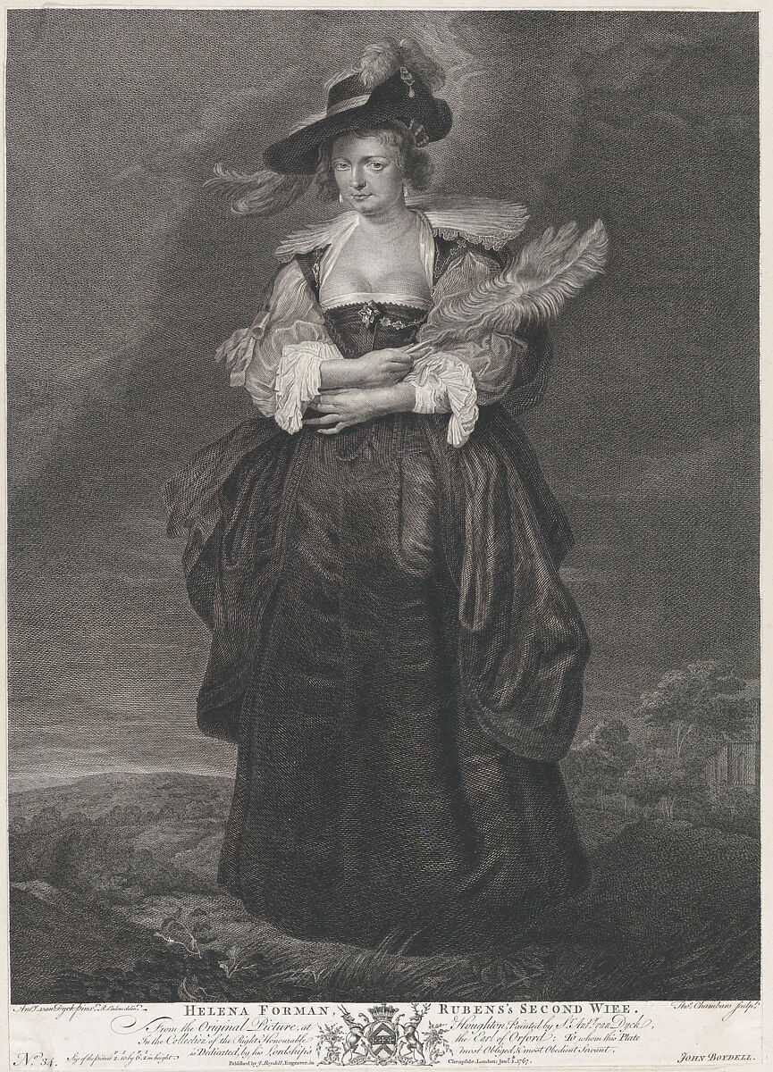 Portrait of Helena Fourment, Rubens' second wife, wearing a fur coat over her shoulders, Thomas Chambars (Irish, ca. 1724–1789 London), Etching 