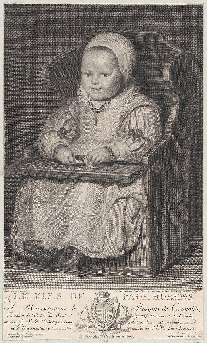 Portrait of one of Cornelis de Vos' children (probably), seated in a baby chair, Manuel Salvador Carmona (Spanish, 1734–1820), Engraving 