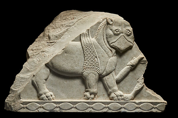 Fragment of a railing coping: a winged griffin and youthful combatant, Limestone, India, Amaravati Great Stupa, Guntur district, Andhra Pradesh