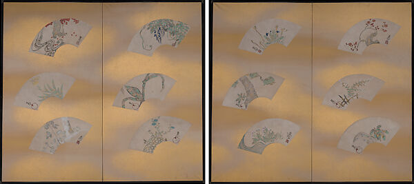 Flowers and Trees of the Twelve Months, Nakamura Hōchū (Japanese, died 1819), Twelve fans on a pair of two-panel folding screens; ink, color, and gold on paper, Japan 