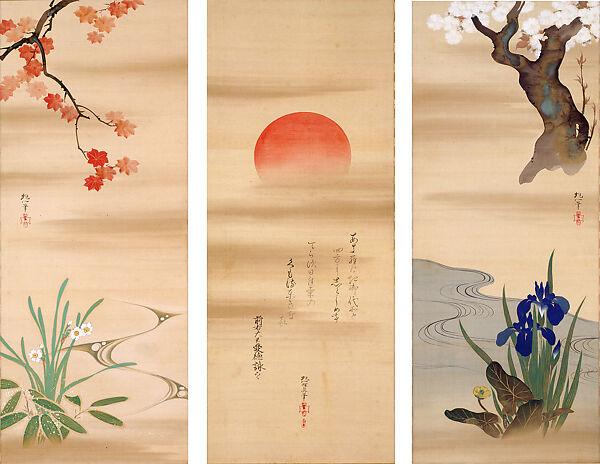 The Rising Sun with Flowers and Trees of the Four Seasons, Sakai Hōitsu (Japanese, 1761–1828), Triptych of hanging scrolls; ink and color on silk, Japan 