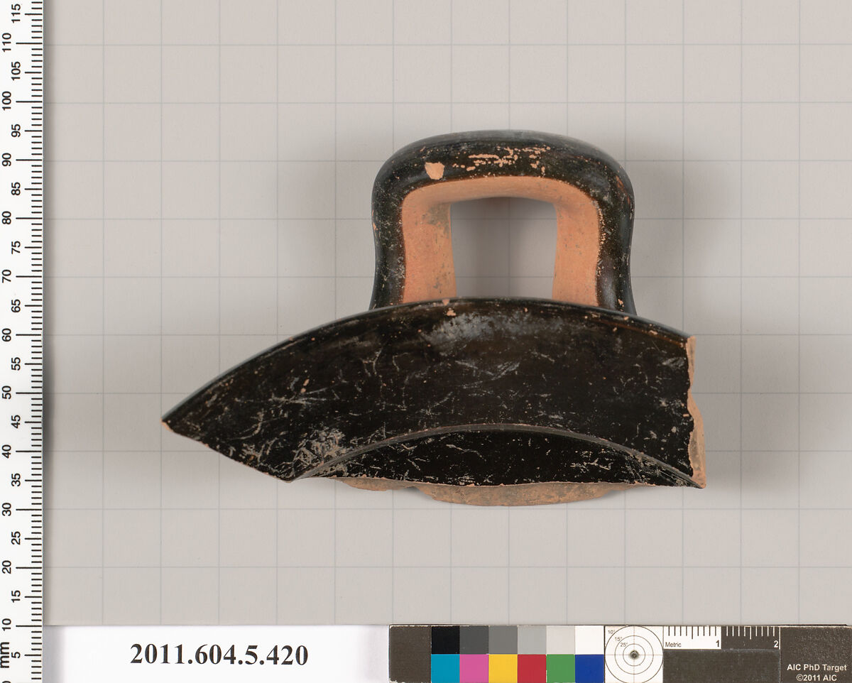 Terracotta rim fragment of a kylix (drinking cup), Terracotta, Greek, Attic