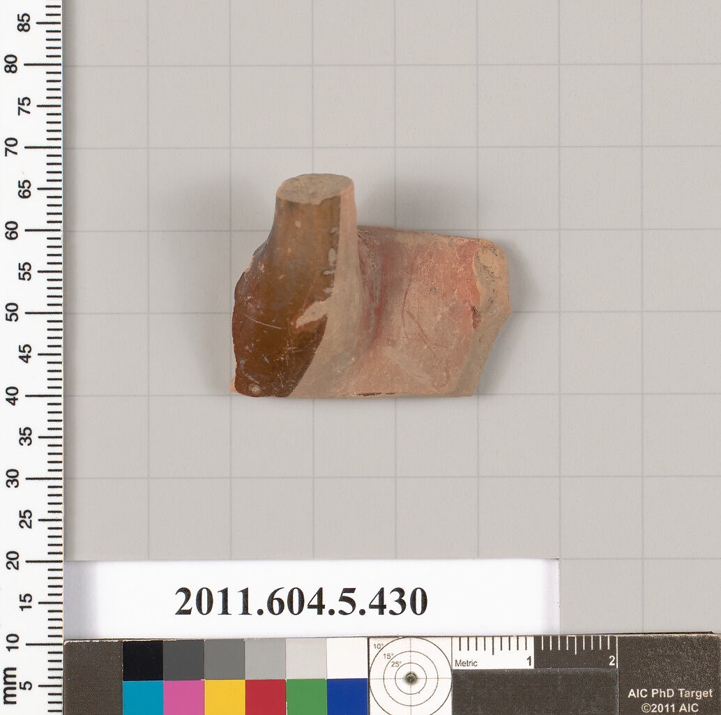 Terracotta fragment of a kylix (drinking cup), Terracotta, Greek, Attic 