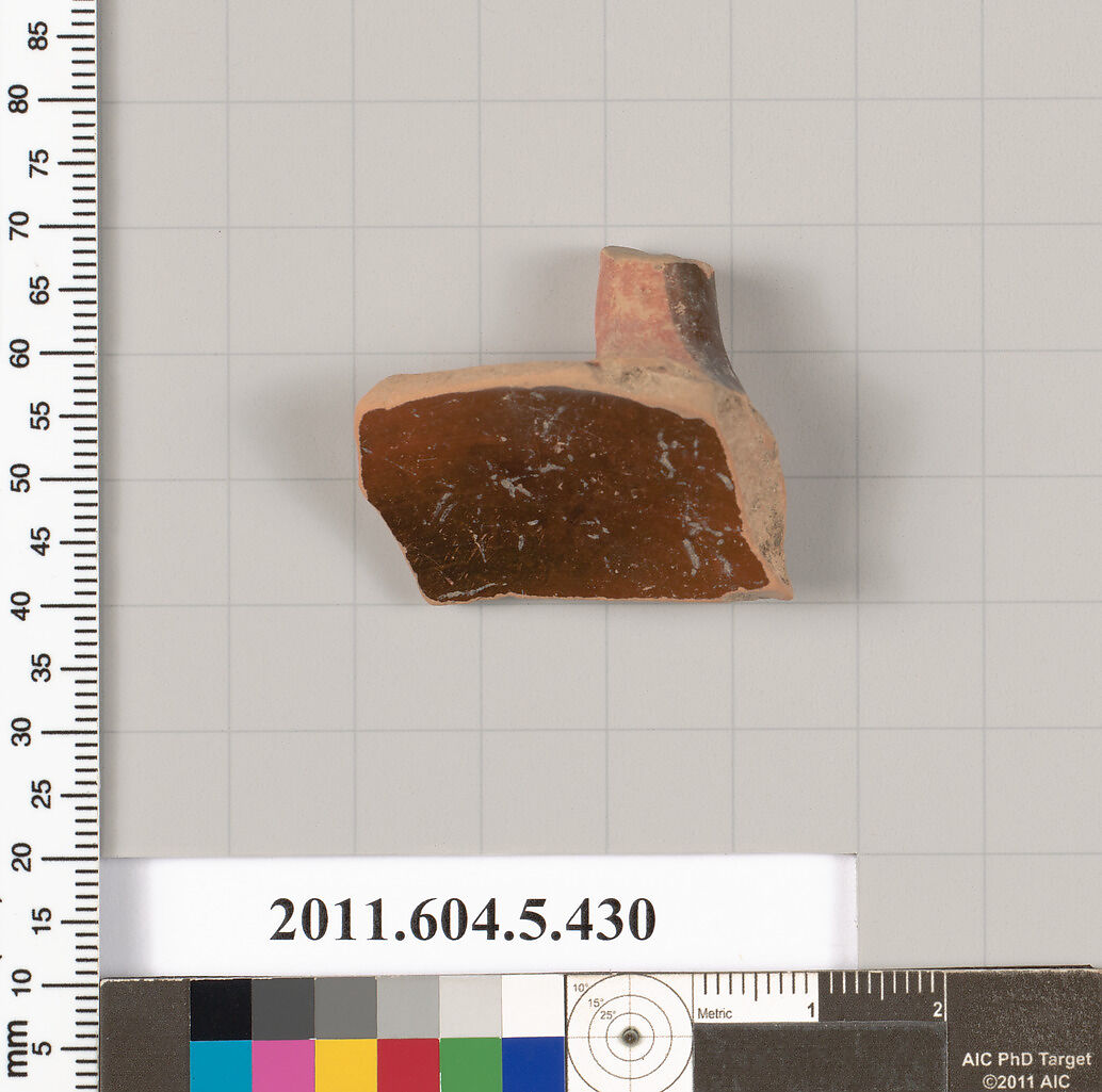 Terracotta fragment of a kylix (drinking cup), Terracotta, Greek, Attic