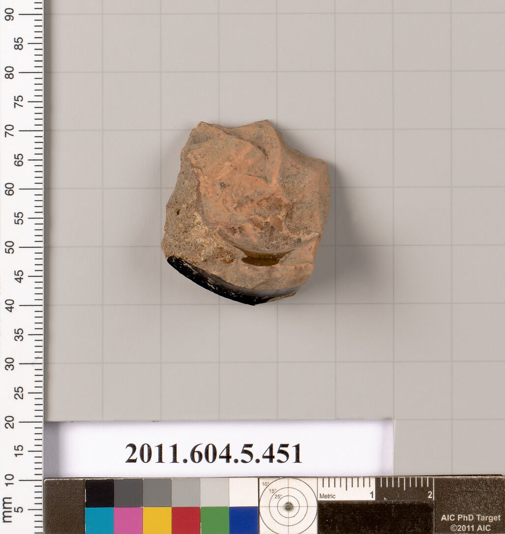 Terracotta fragment of a kylix (drinking cup), Terracotta, Greek, Attic