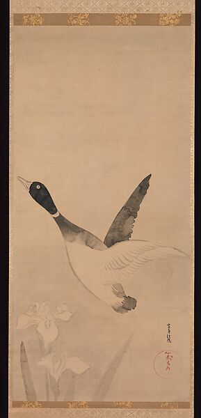 Duck Flying Over Irises, Tawaraya Sōtatsu (Japanese, ca. 1570–ca. 1640), Hanging scroll; ink and color on silk, Japan 