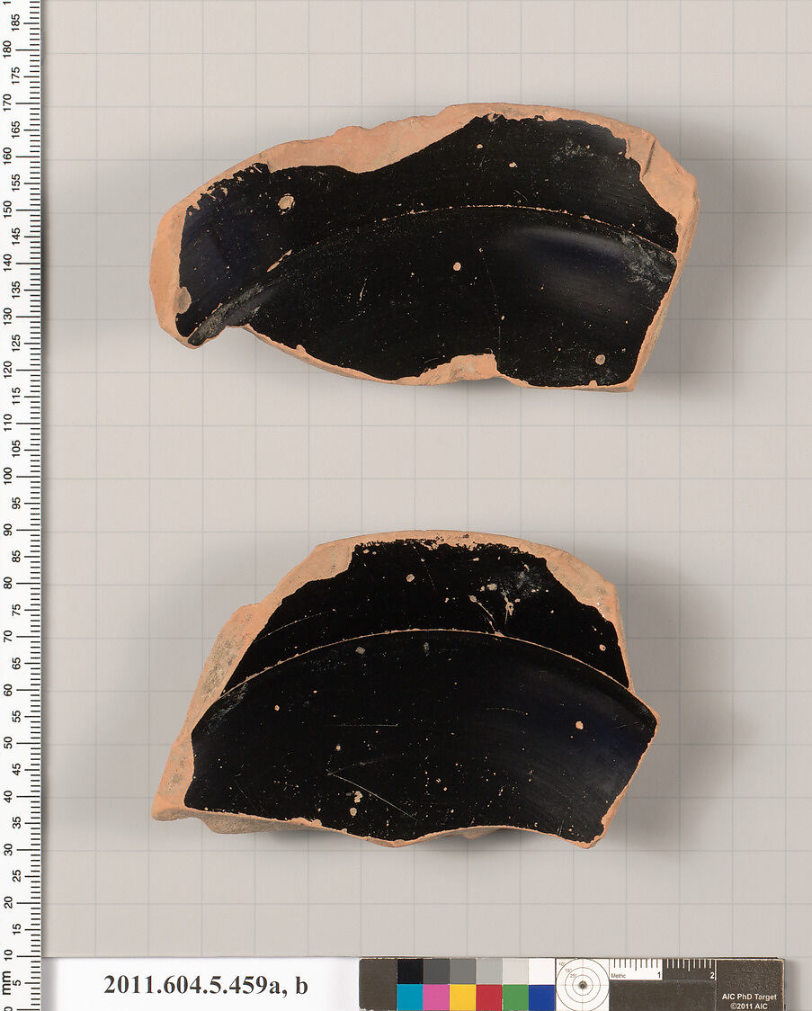 Terracotta rim fragments of a stemless kylix (drinking cup), Terracotta, Greek, Attic