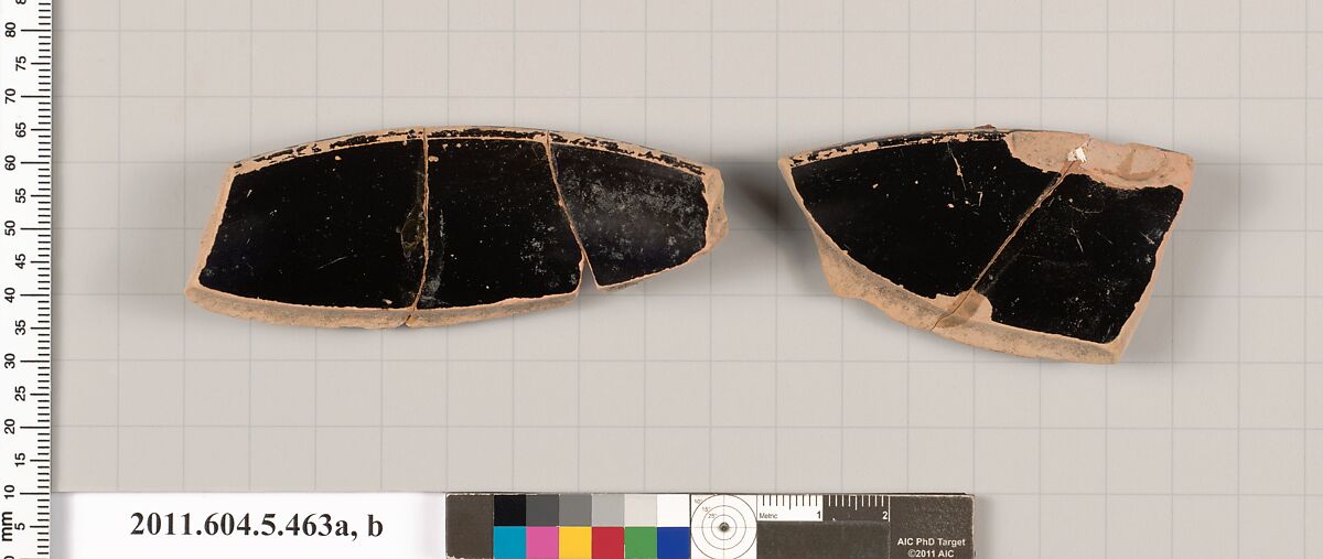 Terracotta rim fragments of a stemless kylix (drinking cup)?, Terracotta, Greek, Attic
