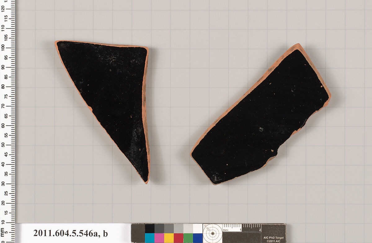 Terracotta fragments of a kylix (drinking cup), Terracotta, Greek, Attic