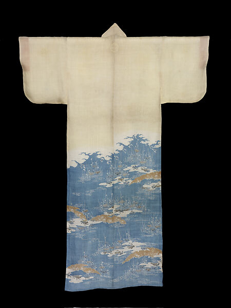 Summer Robe with Plovers above Sandbars and Flowering Plants, Ramie, paste-resist dyed, Japan 