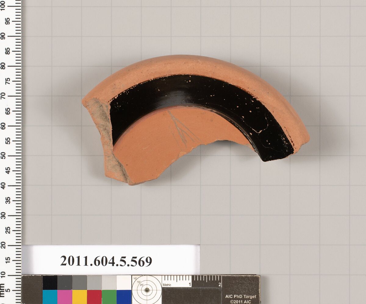 Terracotta fragment of a stemless kylix (drinking cup), Terracotta, Greek, Attic