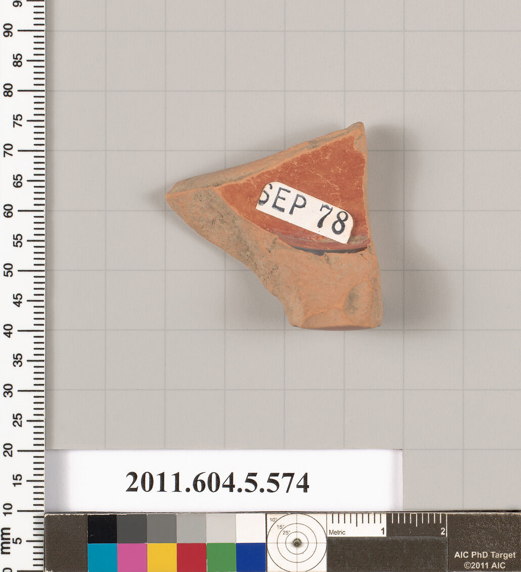 Terracotta fragment of a stemless kylix (drinking cup), Terracotta, Greek, Attic